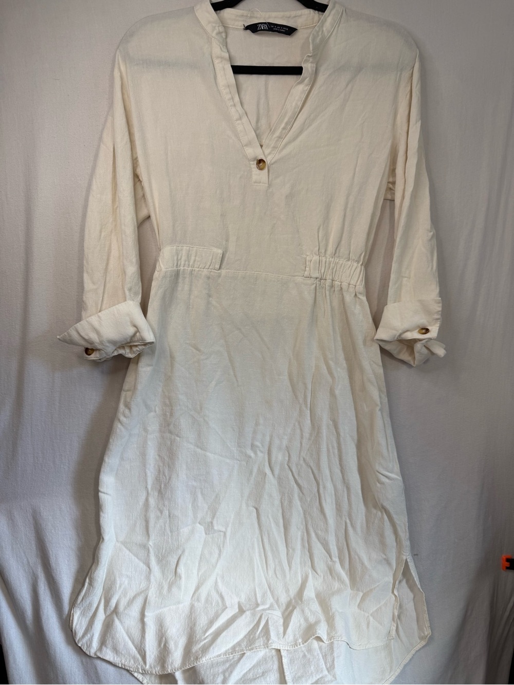 Zara Cream Long-Sleeve Shirt Dress Linen/Cotton Blend Size S